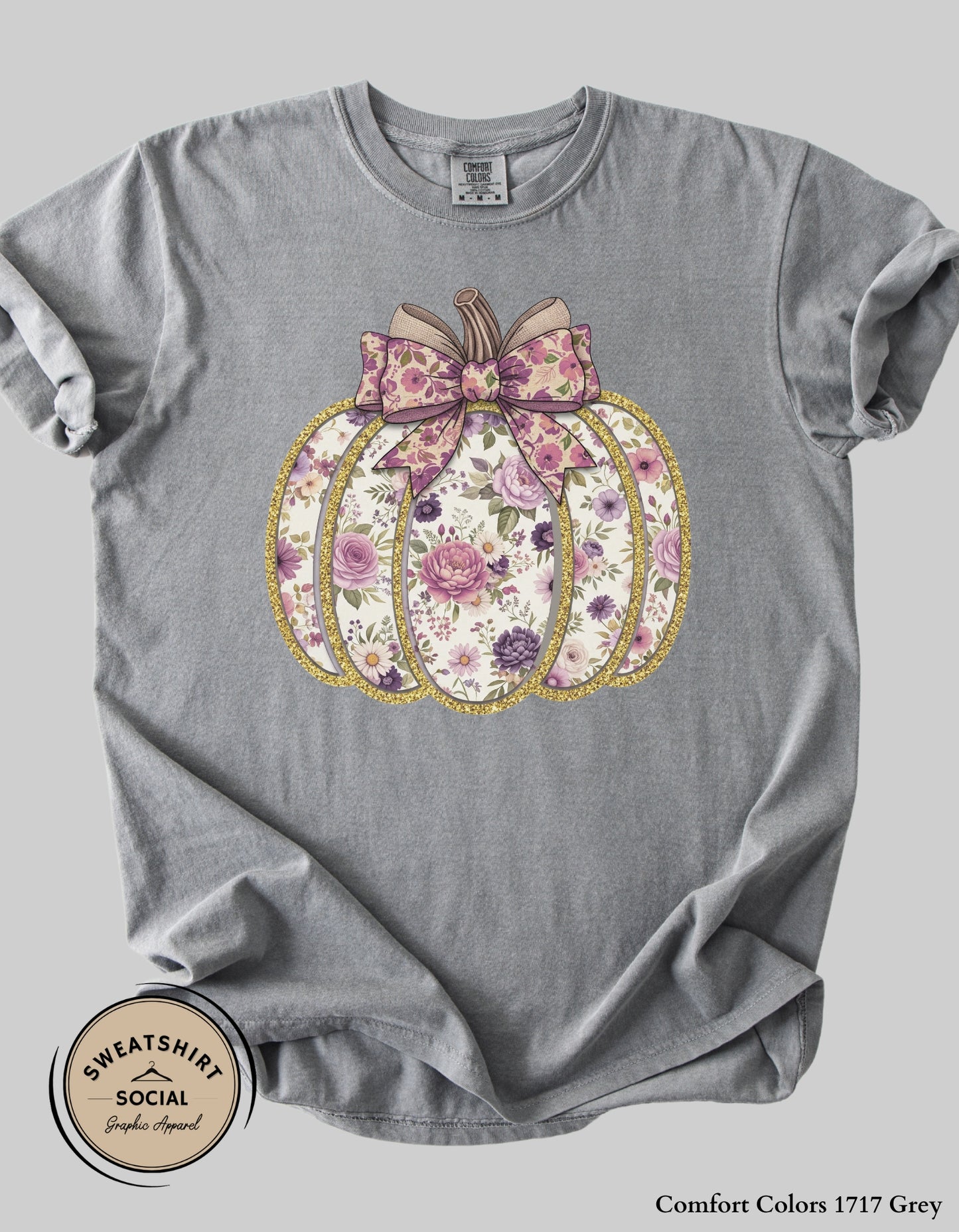 Purple Floral Pumpkin Shirt – Elegant Faux Glitter Bow Fall Tee (Adult Sizes S–2XL)