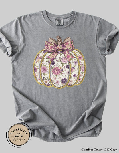 Purple Floral Pumpkin Shirt – Elegant Faux Glitter Bow Fall Tee (Adult Sizes S–2XL)