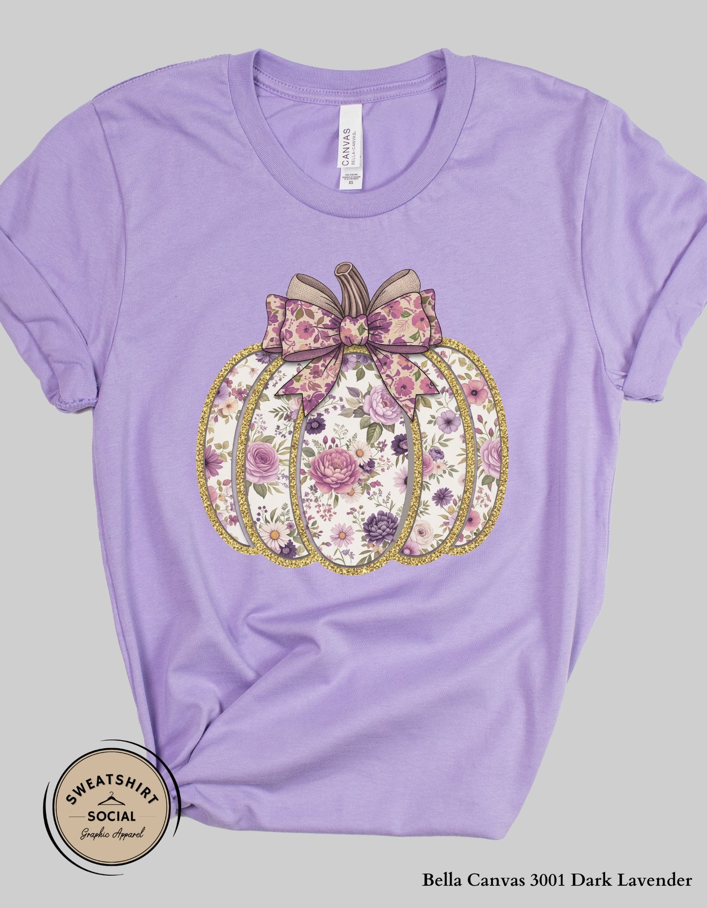Purple Floral Pumpkin Shirt – Elegant Faux Glitter Bow Fall Tee (Adult Sizes S–2XL)