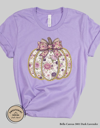 Purple Floral Pumpkin Shirt – Elegant Faux Glitter Bow Fall Tee (Adult Sizes S–2XL)