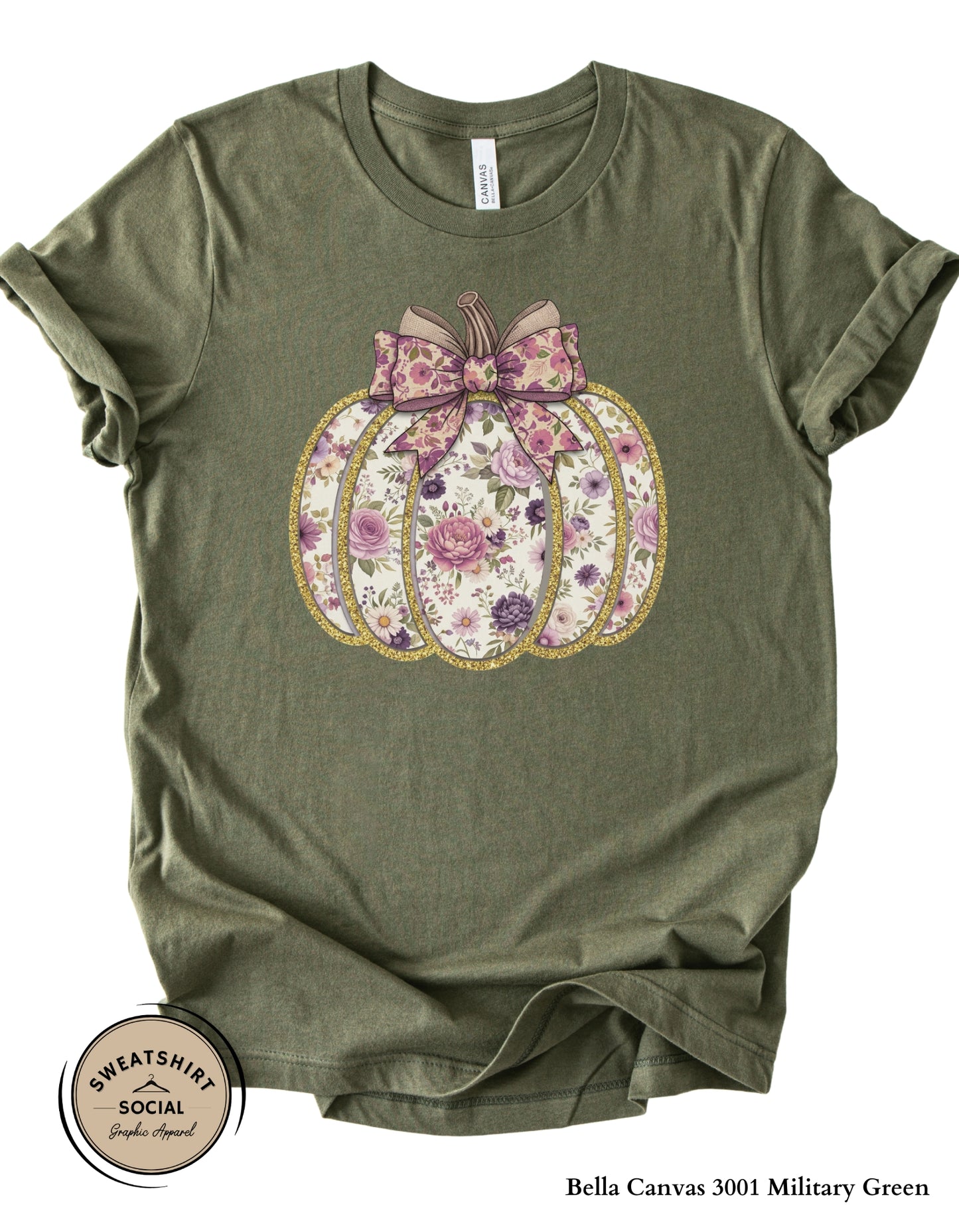 Purple Floral Pumpkin Shirt – Elegant Faux Glitter Bow Fall Tee (Adult Sizes S–2XL)