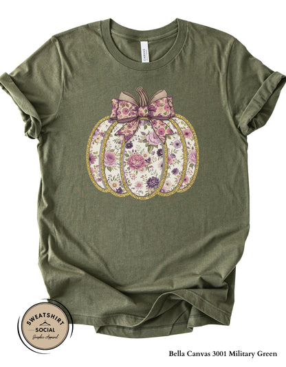 Purple Floral Pumpkin Shirt – Elegant Faux Glitter Bow Fall Tee (Adult Sizes S–2XL)