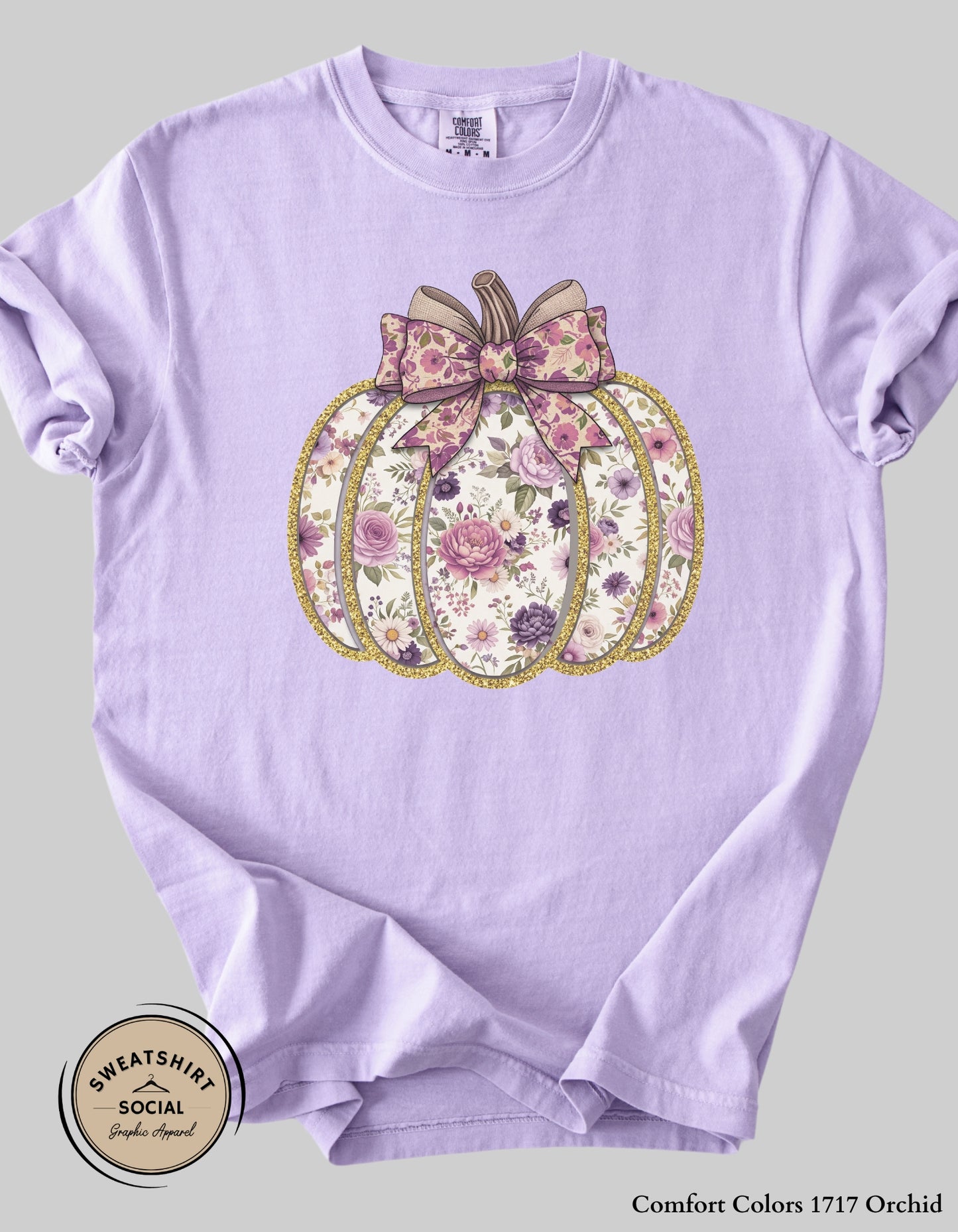Purple Floral Pumpkin Shirt – Elegant Faux Glitter Bow Fall Tee (Adult Sizes S–2XL)