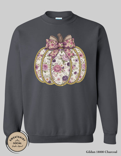 Purple Floral Pumpkin Shirt – Elegant Faux Glitter Bow Fall Tee (Adult Sizes S–2XL)