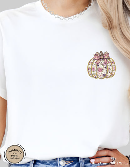 Purple Floral Pumpkin Shirt – Elegant Faux Glitter Bow Fall Tee (Adult Sizes S–2XL)