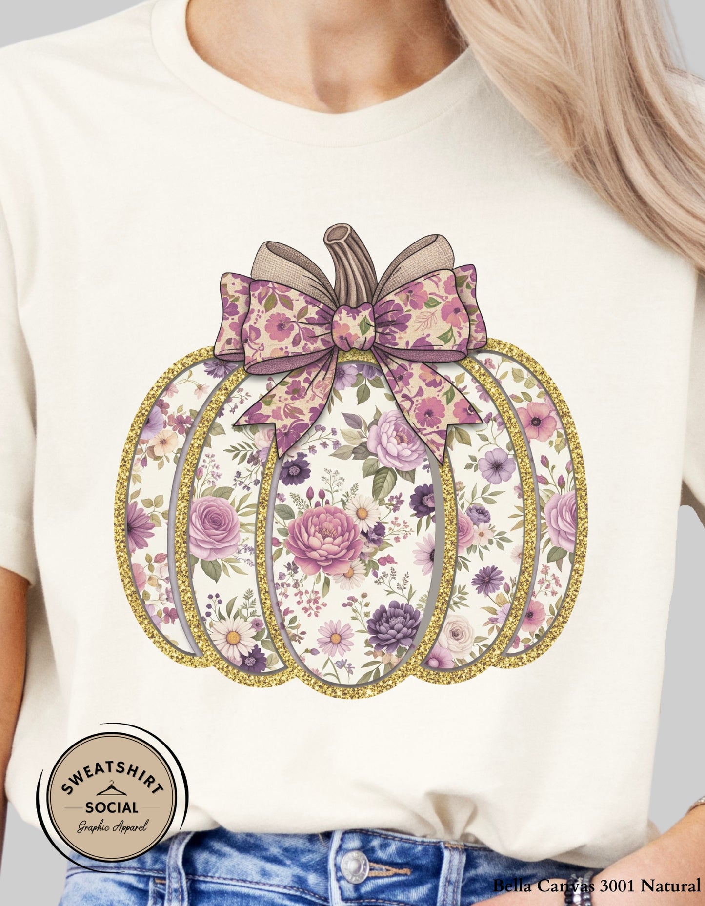 Purple Floral Pumpkin Shirt – Elegant Faux Glitter Bow Fall Tee (Adult Sizes S–2XL)