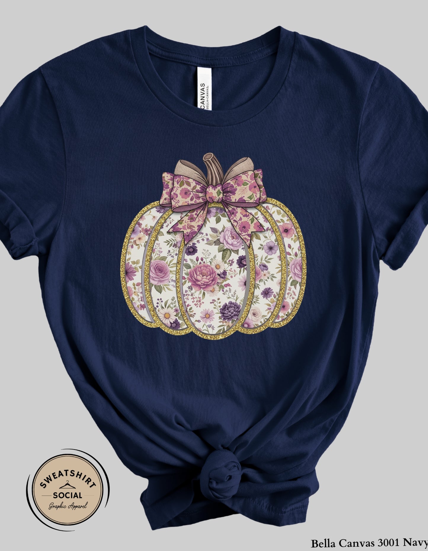 Purple Floral Pumpkin Shirt – Elegant Faux Glitter Bow Fall Tee (Adult Sizes S–2XL)