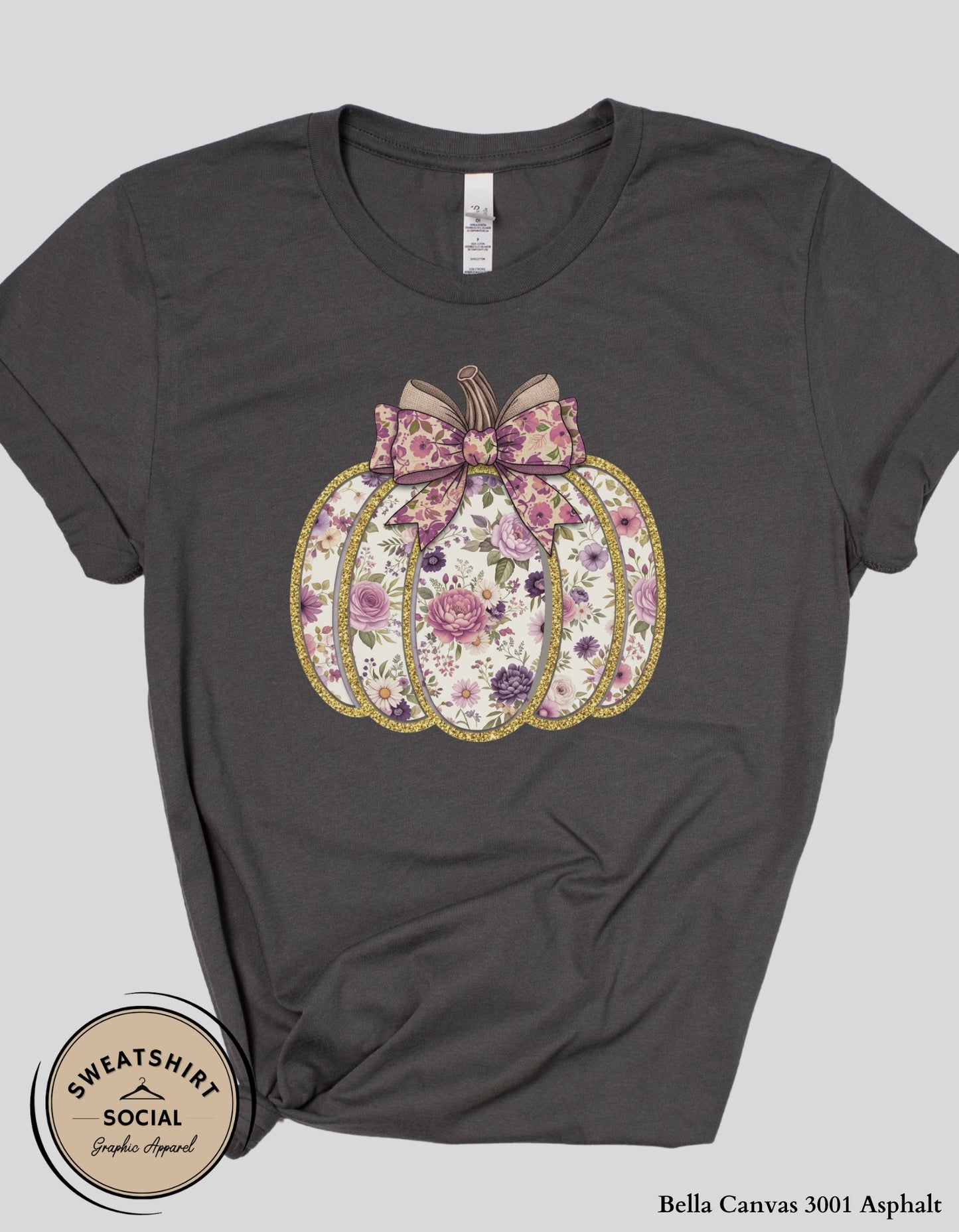 Purple Floral Pumpkin Shirt – Elegant Faux Glitter Bow Fall Tee (Adult Sizes S–2XL)