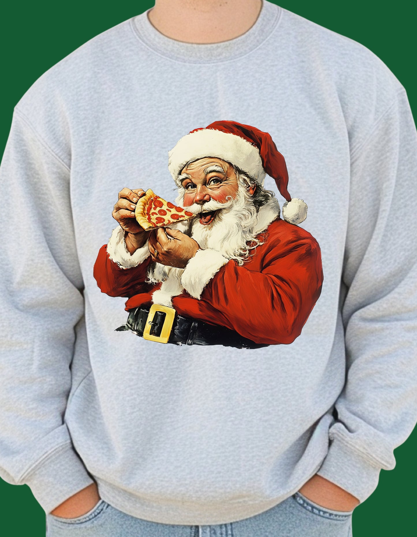 Pizza Santa Christmas T-Shirt or Sweatshirt – Fun Holiday Crewneck (Adult Sizes S–2XL)