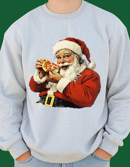 Pizza Santa Christmas T-Shirt or Sweatshirt – Fun Holiday Crewneck (Adult Sizes S–2XL)