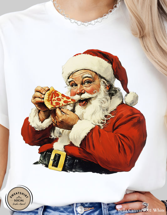 Pizza Santa Christmas T-Shirt or Sweatshirt – Fun Holiday Crewneck (Adult Sizes S–2XL)