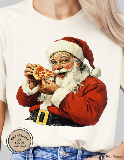 Pizza Santa Christmas T-Shirt or Sweatshirt – Fun Holiday Crewneck (Adult Sizes S–2XL)