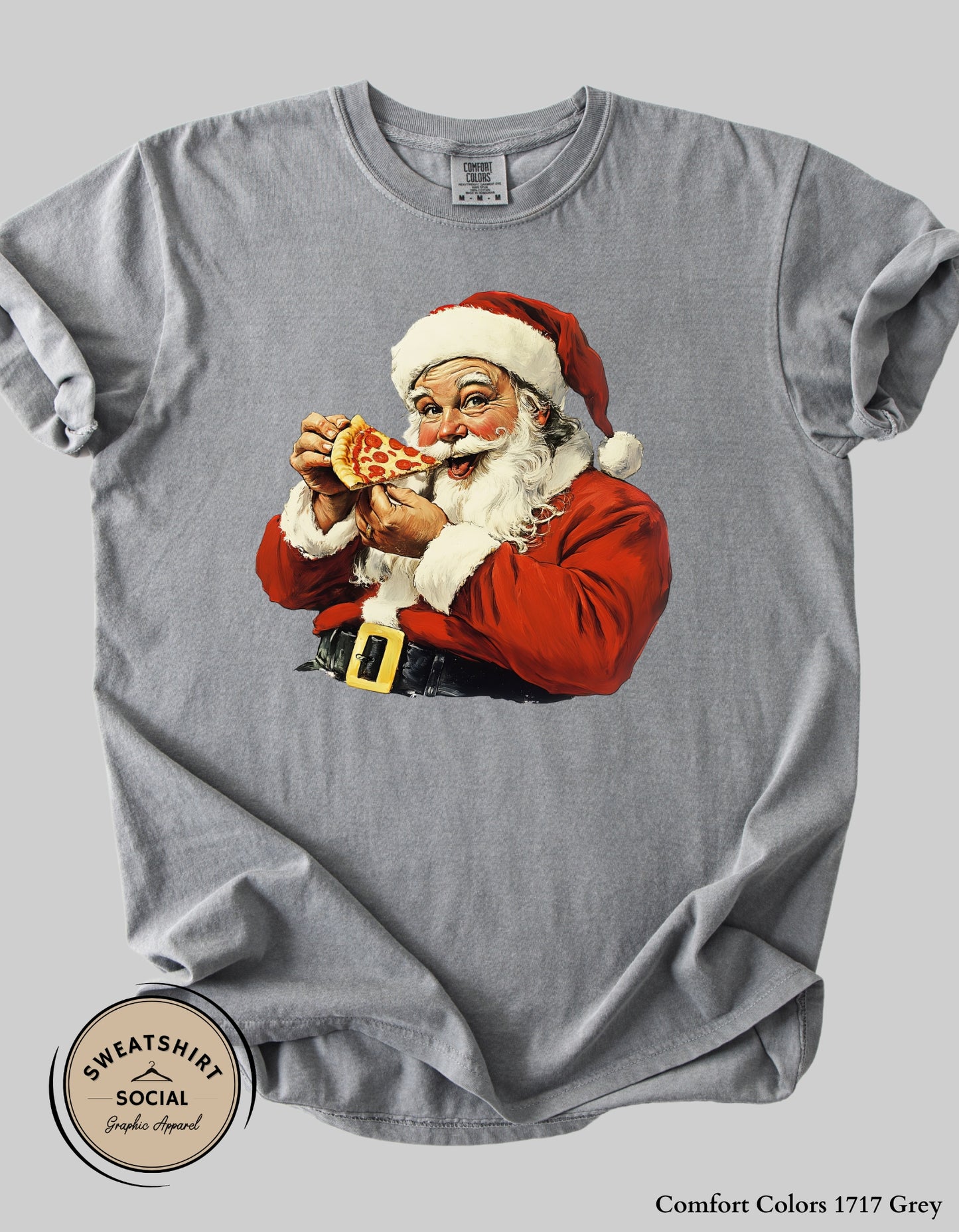 Pizza Santa Christmas T-Shirt or Sweatshirt – Fun Holiday Crewneck (Adult Sizes S–2XL)