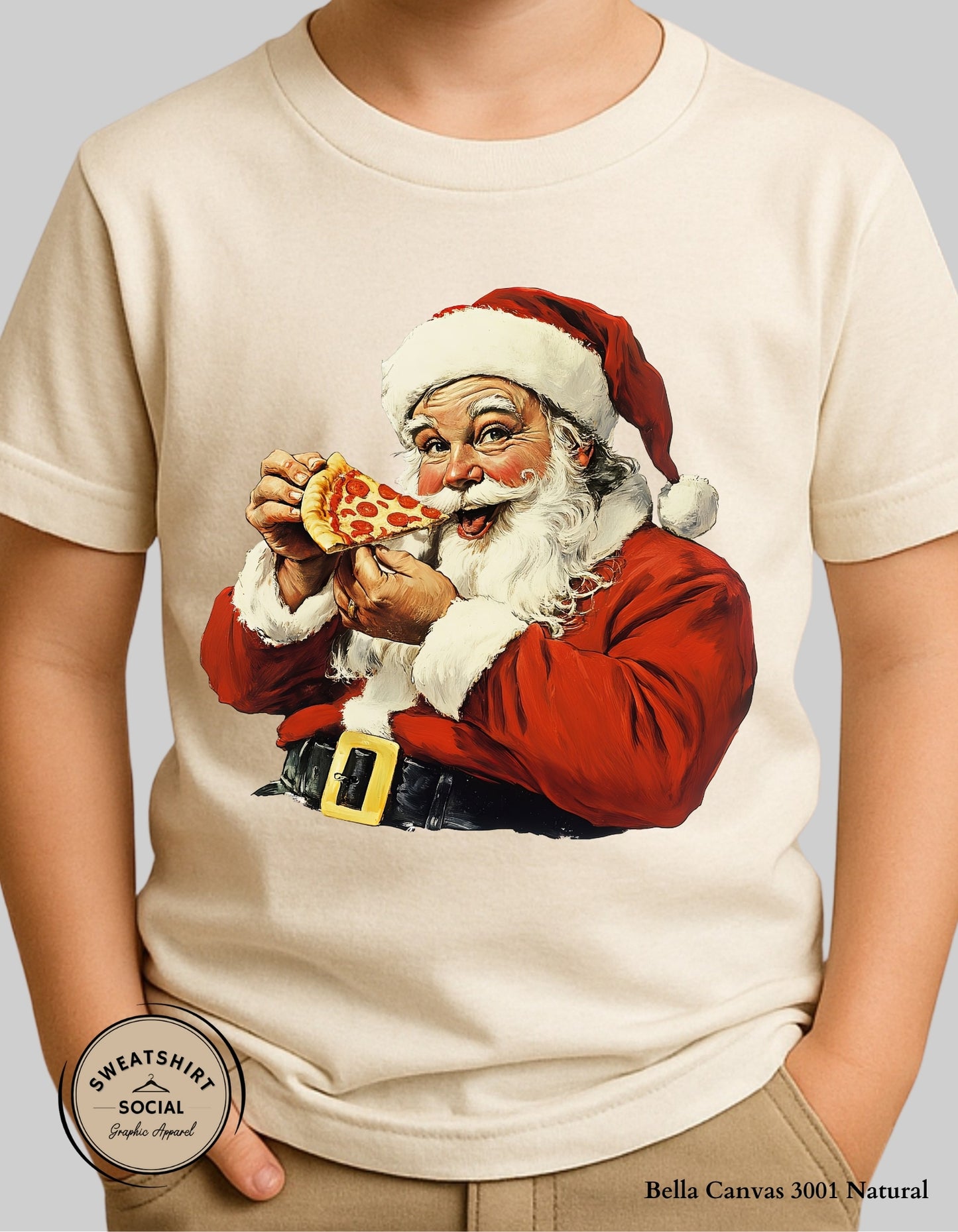Kids Pizza Santa Christmas T-Shirt or Sweatshirt – Fun Holiday Crewneck (Infant–Youth Sizes)