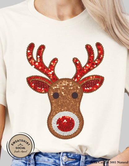 Faux Sequin Reindeer Christmas Sweatshirt – Festive Holiday Crewneck (Adult Sizes S–2XL)