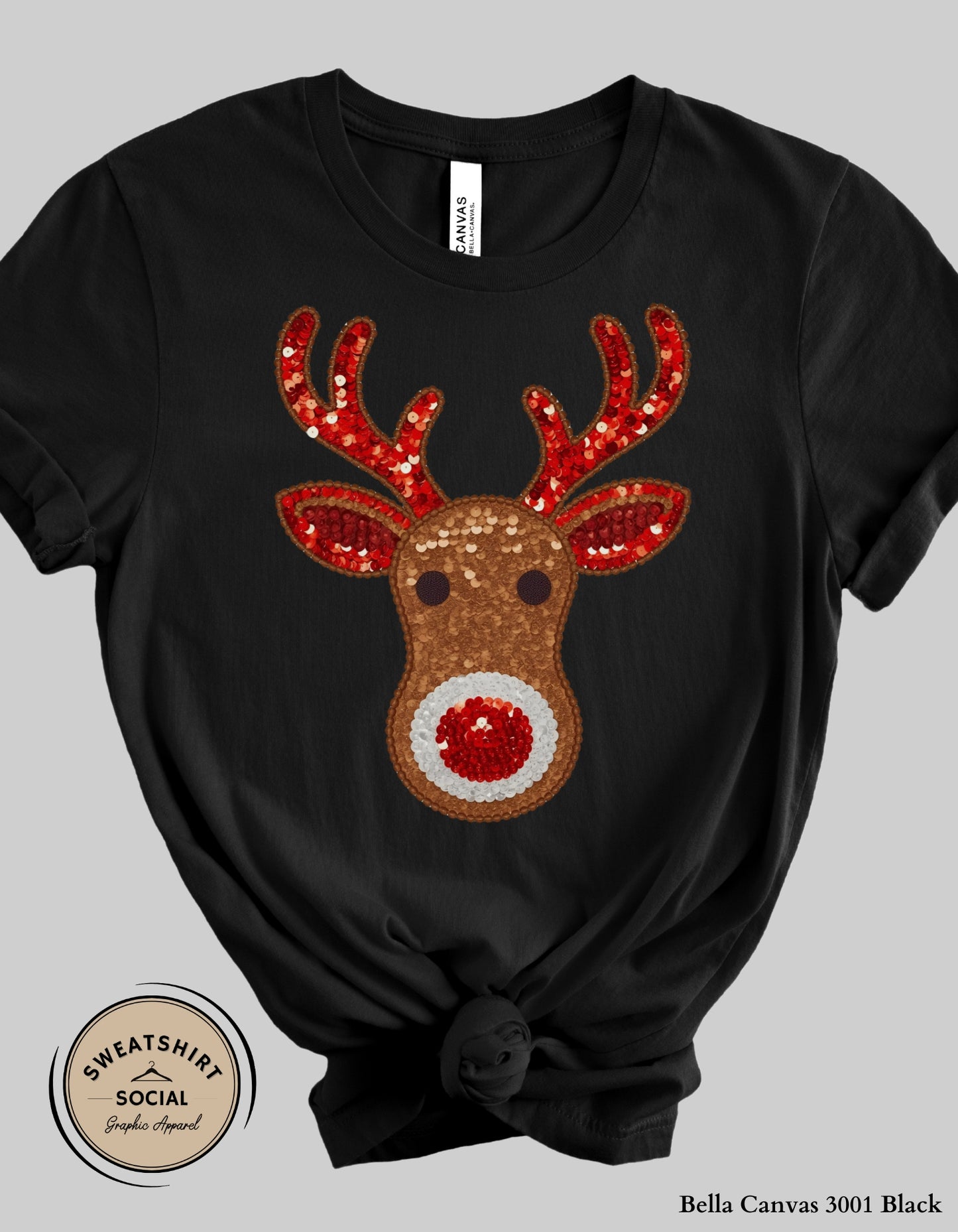 Faux Sequin Reindeer Christmas Sweatshirt – Festive Holiday Crewneck (Adult Sizes S–2XL)