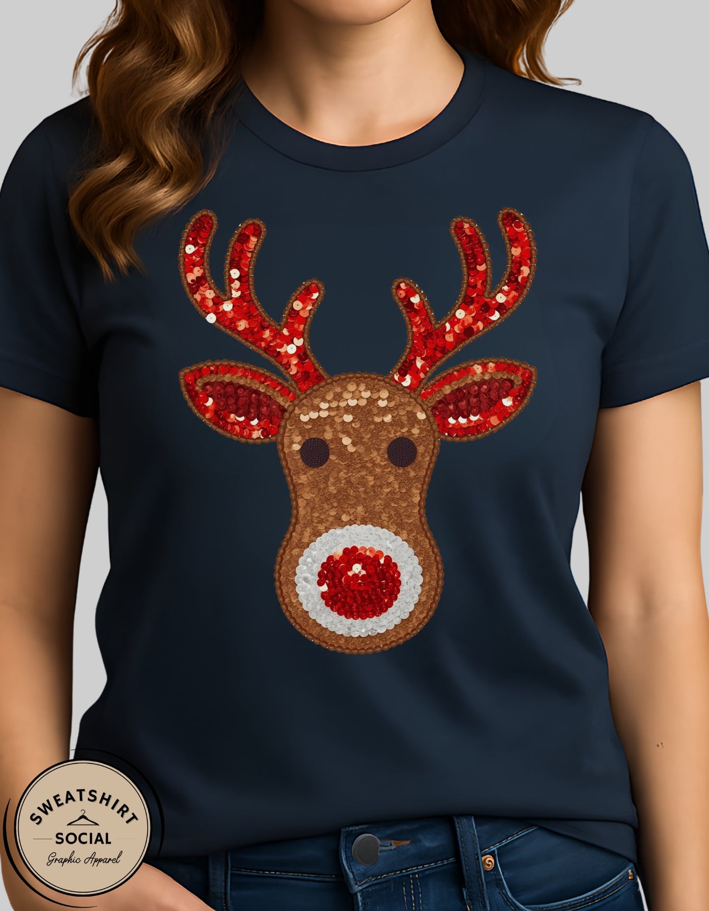 Faux Sequin Reindeer Christmas Sweatshirt – Festive Holiday Crewneck (Adult Sizes S–2XL)