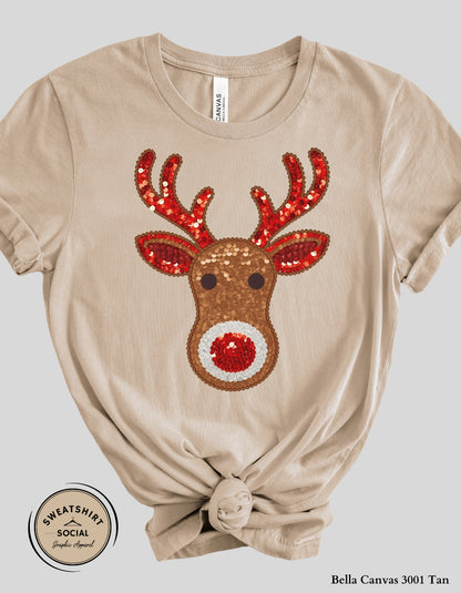 Faux Sequin Reindeer Christmas Sweatshirt – Festive Holiday Crewneck (Adult Sizes S–2XL)