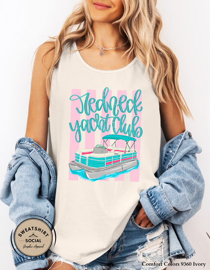 Redneck Yacht Club Tank or Shirt – Funny Lake Life Graphic Tee, Pontoon Boat Summer Shirt (Adult Sizes S–2XL)