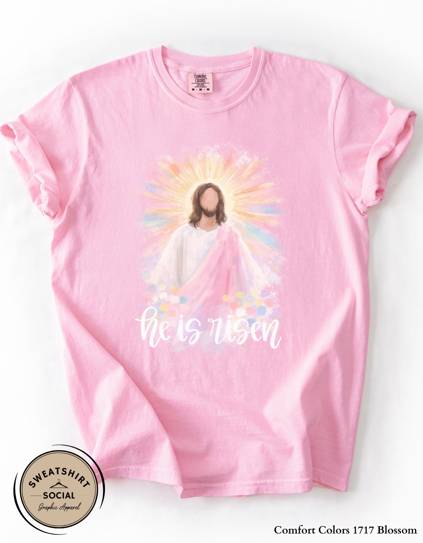 He Is Risen Easter Shirt or Sweatshirt – Faith-Based Christian Graphic Tee with Soft Pastel Design (Adult Sizes S–2XL)