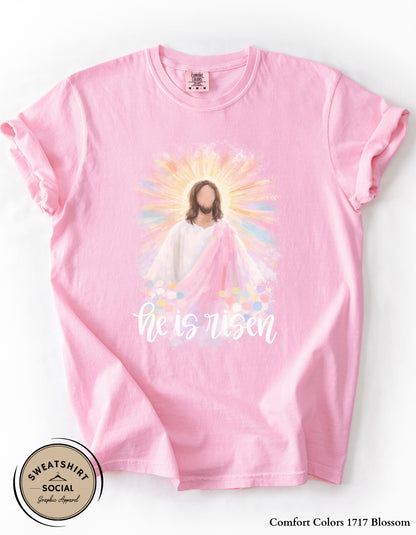 He Is Risen Easter Shirt or Sweatshirt – Faith-Based Christian Graphic Tee with Soft Pastel Design (Adult Sizes S–2XL)