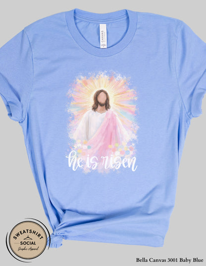 He Is Risen Easter Shirt or Sweatshirt – Faith-Based Christian Graphic Tee with Soft Pastel Design (Adult Sizes S–2XL)