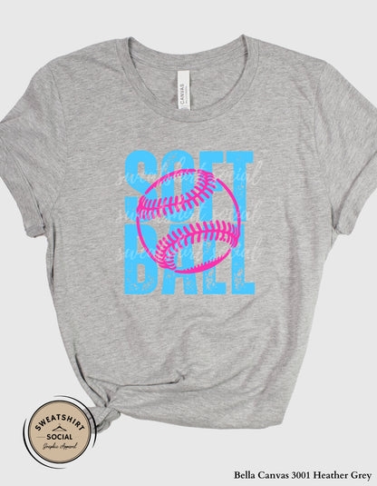 Softball Pink Stitch Graphic Shirt or Sweatshirt – Bright Blue Game Day Softball Tee (Adult Sizes S–2XL)