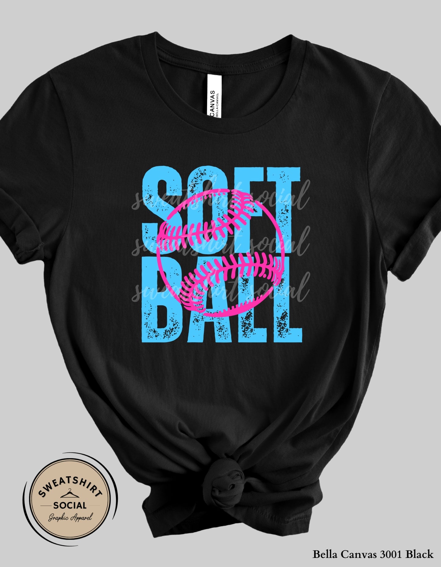 Softball Pink Stitch Graphic Shirt or Sweatshirt – Bright Blue Game Day Softball Tee (Adult Sizes S–2XL)