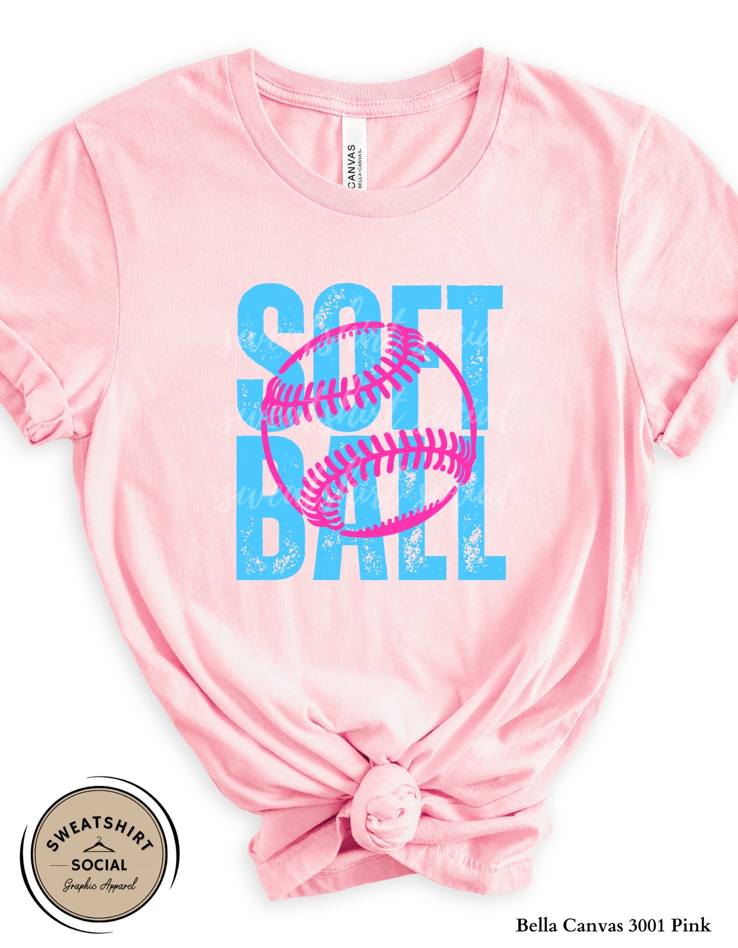 Softball Pink Stitch Graphic Shirt or Sweatshirt – Bright Blue Game Day Softball Tee (Adult Sizes S–2XL)