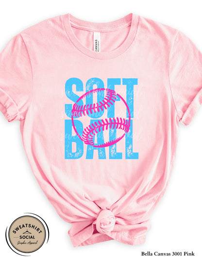 Softball Pink Stitch Graphic Shirt or Sweatshirt – Bright Blue Game Day Softball Tee (Adult Sizes S–2XL)
