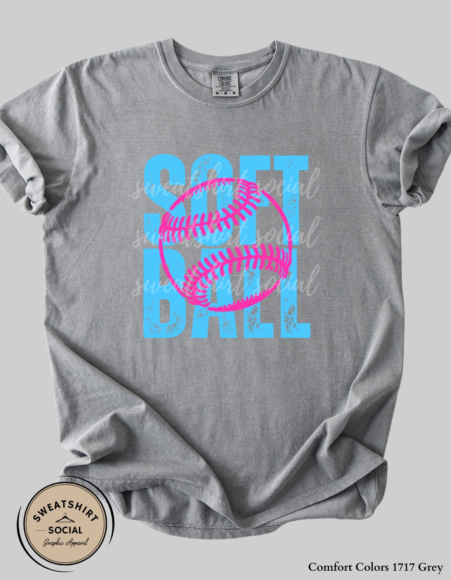 Softball Pink Stitch Graphic Shirt or Sweatshirt – Bright Blue Game Day Softball Tee (Adult Sizes S–2XL)