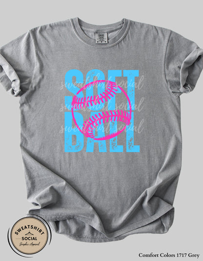Softball Pink Stitch Graphic Shirt or Sweatshirt – Bright Blue Game Day Softball Tee (Adult Sizes S–2XL)