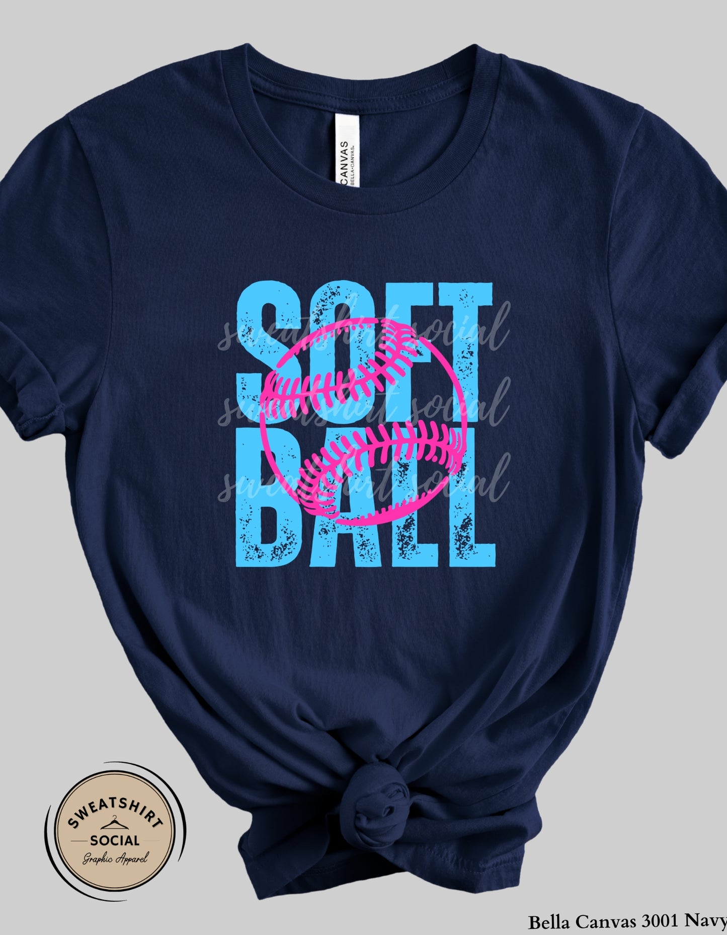 Softball Pink Stitch Graphic Shirt or Sweatshirt – Bright Blue Game Day Softball Tee (Adult Sizes S–2XL)