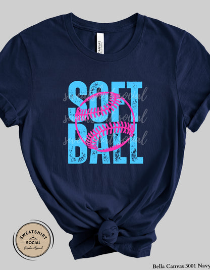 Softball Pink Stitch Graphic Shirt or Sweatshirt – Bright Blue Game Day Softball Tee (Adult Sizes S–2XL)