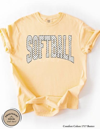 Softball Polka Dot Graphic Shirt or Sweatshirt – Neutral Game Day Arch Tee (Adult Sizes S–2XL)