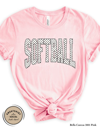 Softball Polka Dot Graphic Shirt or Sweatshirt – Neutral Game Day Arch Tee (Adult Sizes S–2XL)