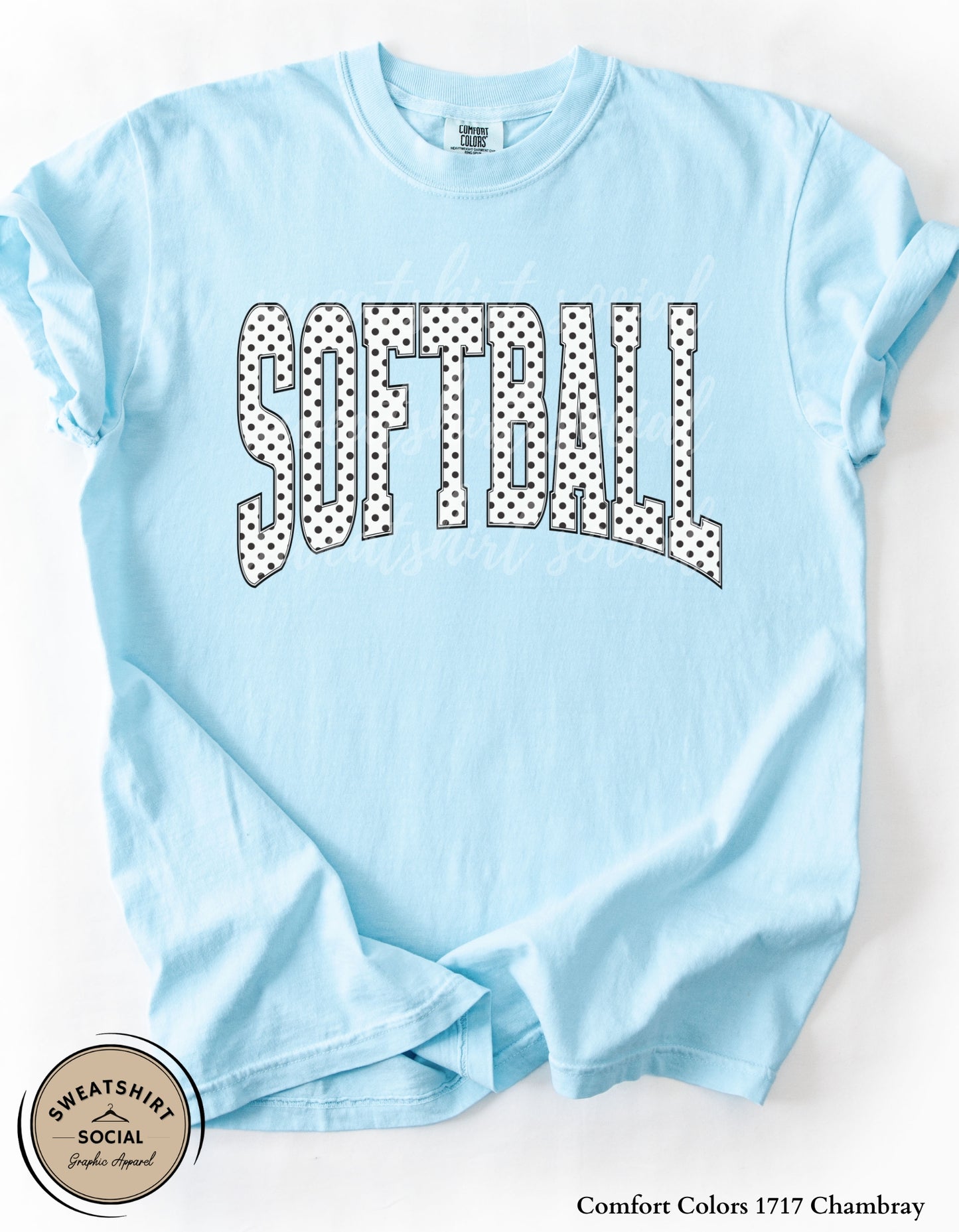 Softball Polka Dot Graphic Shirt or Sweatshirt – Neutral Game Day Arch Tee (Adult Sizes S–2XL)