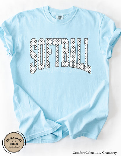Softball Polka Dot Graphic Shirt or Sweatshirt – Neutral Game Day Arch Tee (Adult Sizes S–2XL)