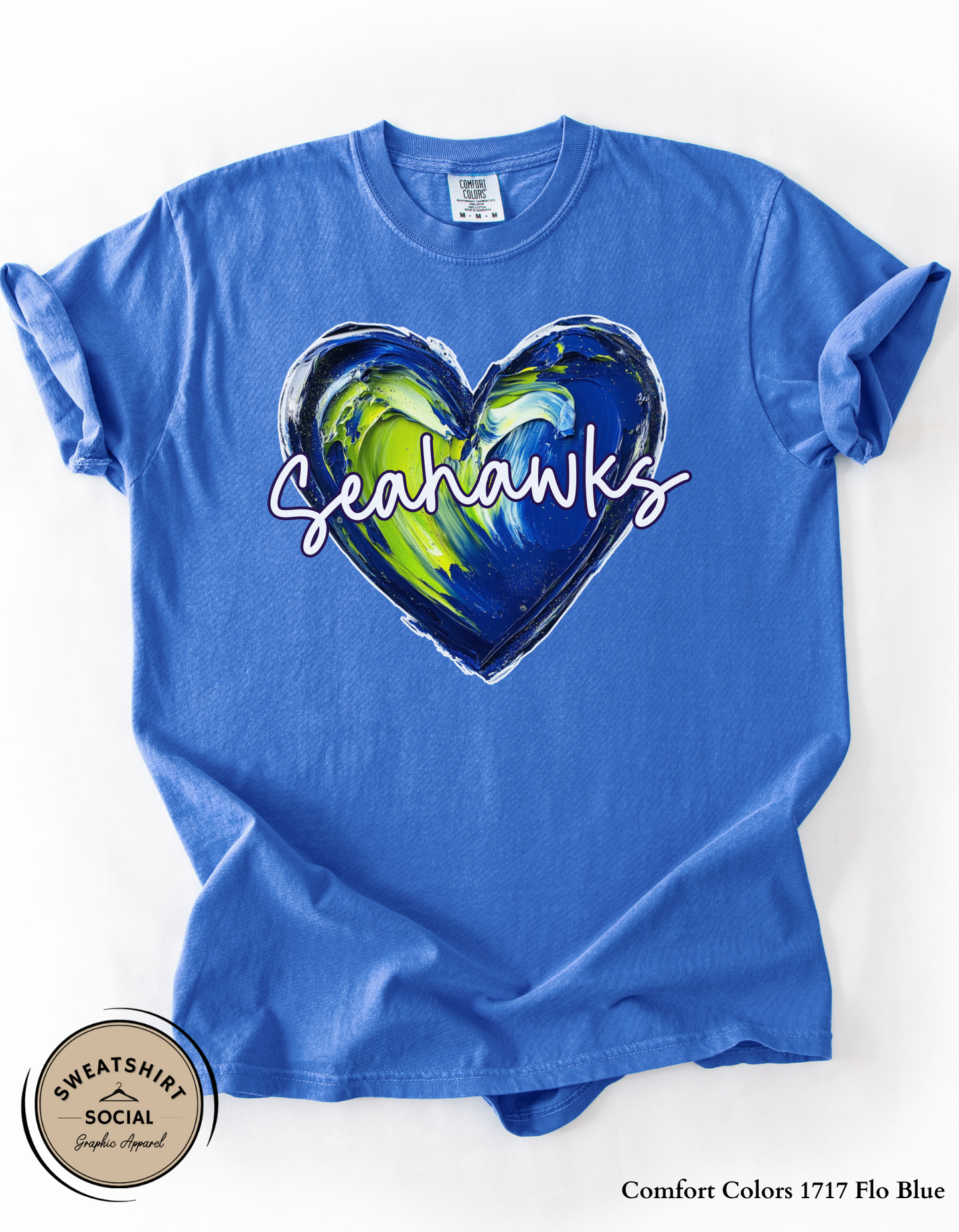 Seahawks Heart Spirit Shirt – Blue & Green Painted Love Design (Adult Sizes S–2XL)