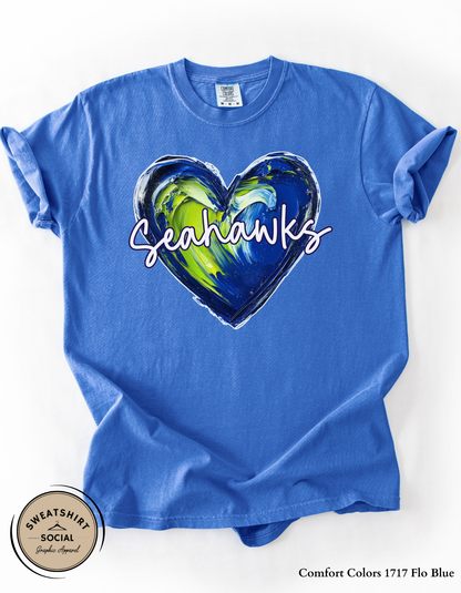 Seahawks Heart Spirit Shirt – Blue & Green Painted Love Design (Adult Sizes S–2XL)