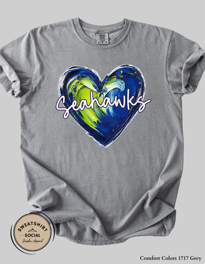 Seahawks Heart Spirit Shirt – Blue & Green Painted Love Design (Adult Sizes S–2XL)