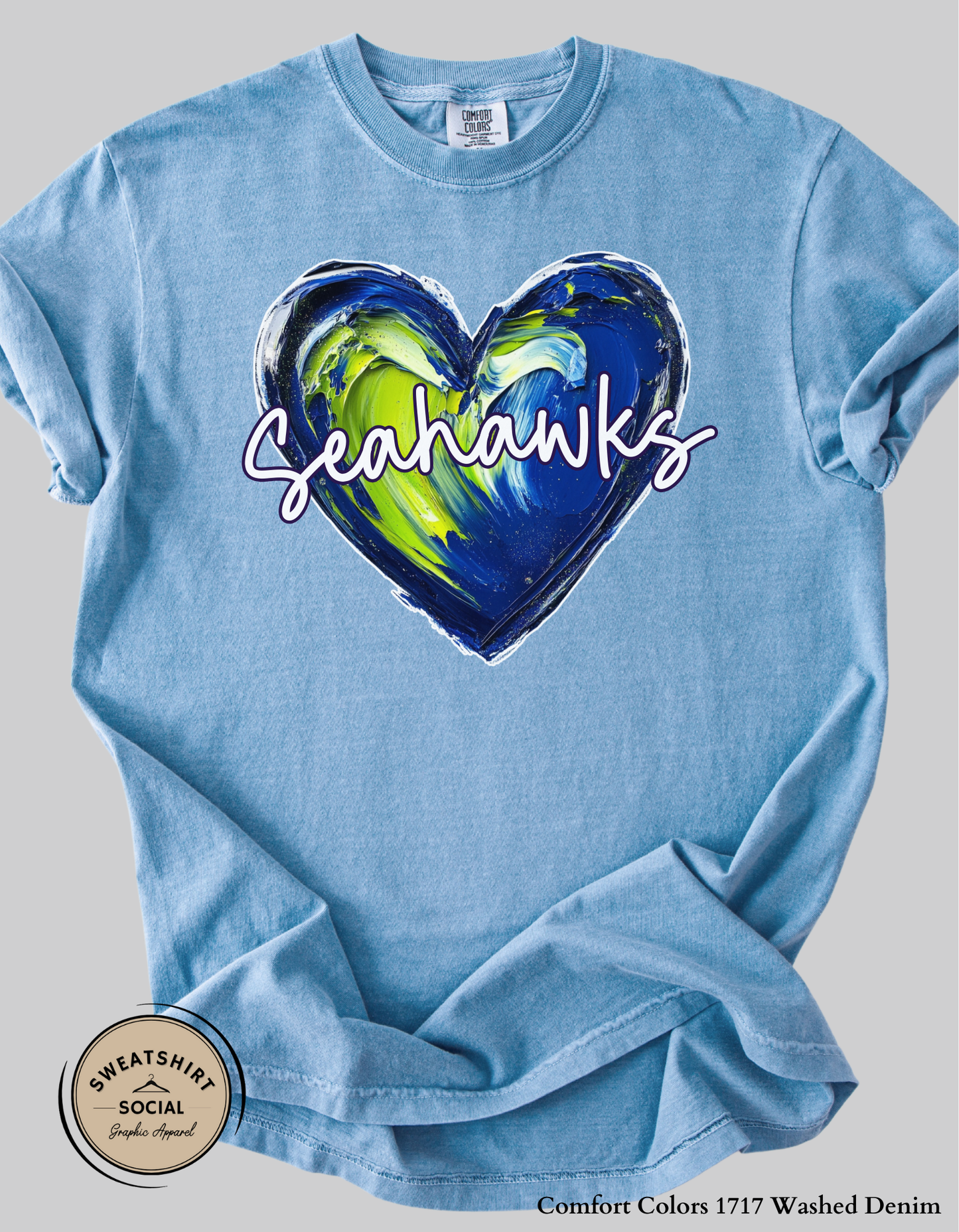 Seahawks Heart Spirit Shirt – Blue & Green Painted Love Design (Adult Sizes S–2XL)