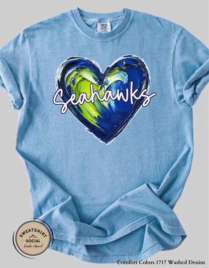 Seahawks Heart Spirit Shirt – Blue & Green Painted Love Design (Adult Sizes S–2XL)
