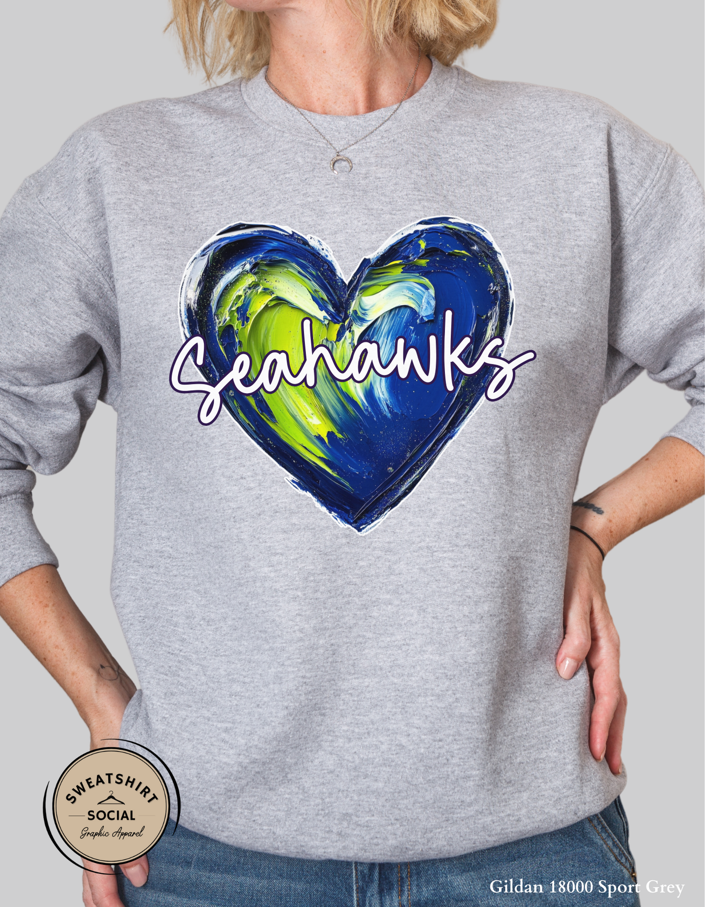 Seahawks Heart Spirit Shirt – Blue & Green Painted Love Design (Adult Sizes S–2XL)