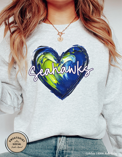 Seahawks Heart Spirit Shirt – Blue & Green Painted Love Design (Adult Sizes S–2XL)