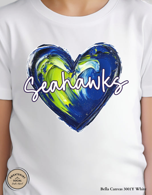Seahawks Heart Shirt for Kids – Blue & Green Painted Design (Infant–Youth Sizes)