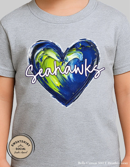 Seahawks Heart Shirt for Kids – Blue & Green Painted Design (Infant–Youth Sizes)