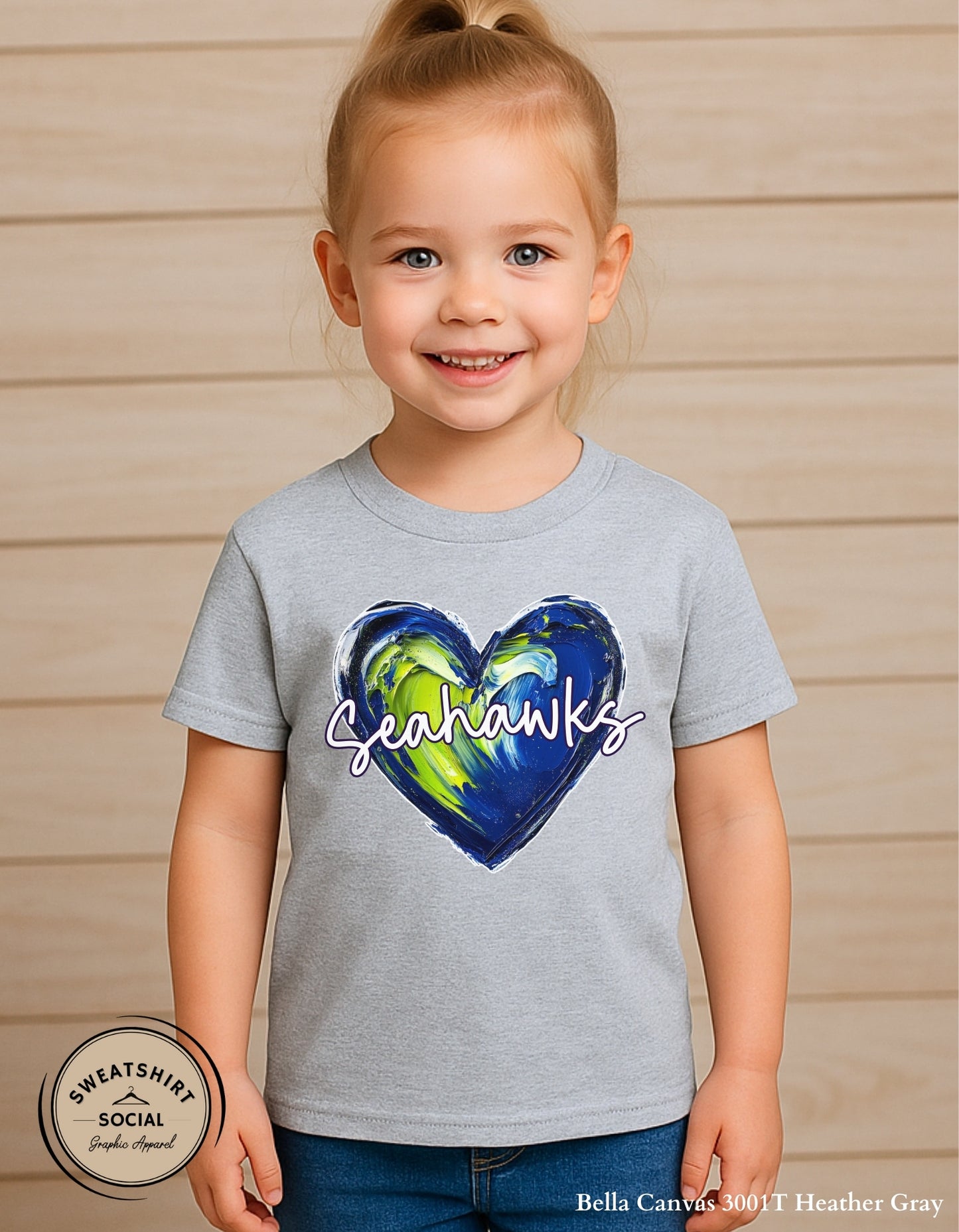 Seahawks Heart Shirt for Kids – Blue & Green Painted Design (Infant–Youth Sizes)