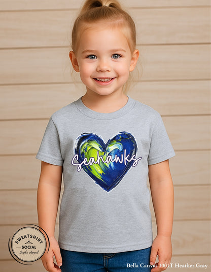 Seahawks Heart Shirt for Kids – Blue & Green Painted Design (Infant–Youth Sizes)