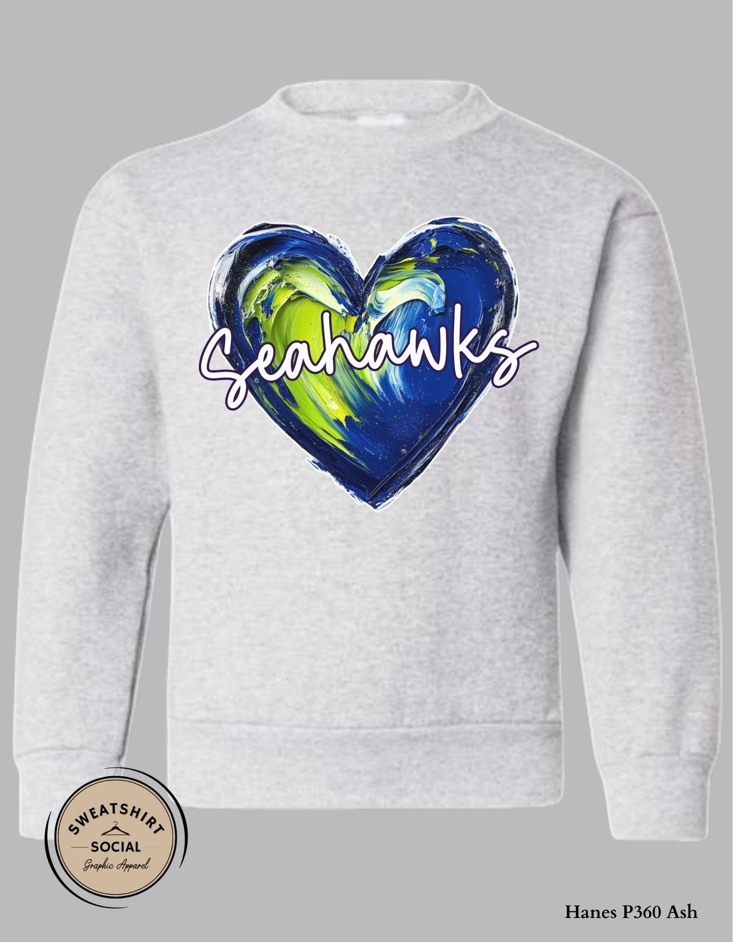 Seahawks Heart Shirt for Kids – Blue & Green Painted Design (Infant–Youth Sizes)